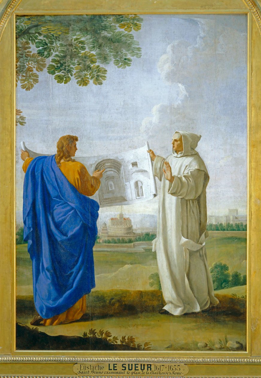 Pyhä Bruno tutkii piirustusta Diocletienin lämpökylpylästä, joka on Rooman kartanon tuleva sijaintipaikka ... tekijältä Eustache (studio of) Le Sueur
