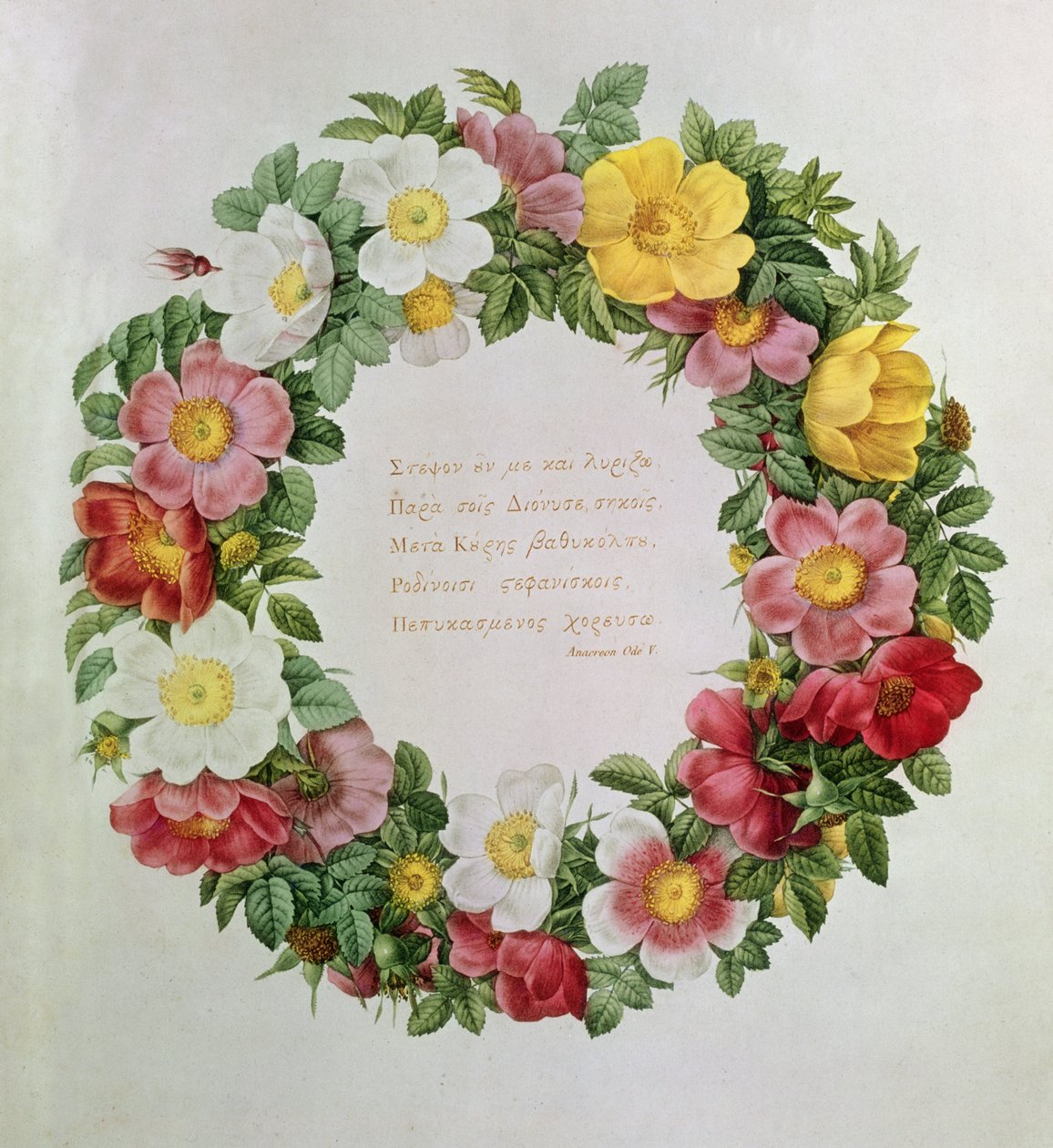 Claude-Antoine Thory Les roses, Etukappale: Seppele, jossa on kreikkalaisen runoilija Anacreonin Oodi V epigrafi, 1817 (litografia) tekijältä Eustache Hyacinthe Langlois