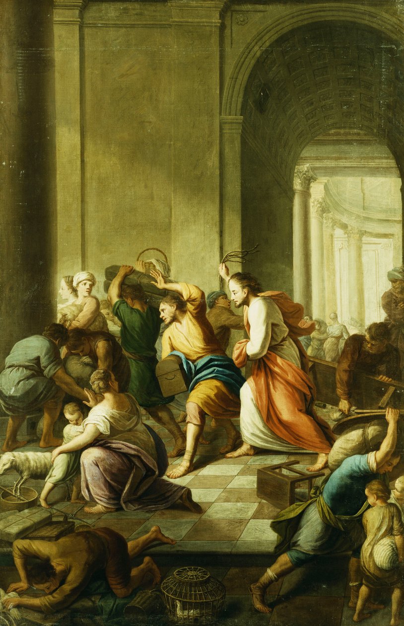 Kristus ajoi rahanvaihtajat temppelistä tekijältä Eustache Le Sueur