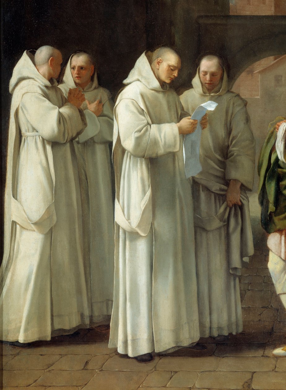 Pyhä Bruno (1030-1101), Cartusian ritarikunnan perustaja saa viestin paavi Urbanus II:lta (Urbano 2) (yksityiskohta) tekijältä Eustache Le Sueur