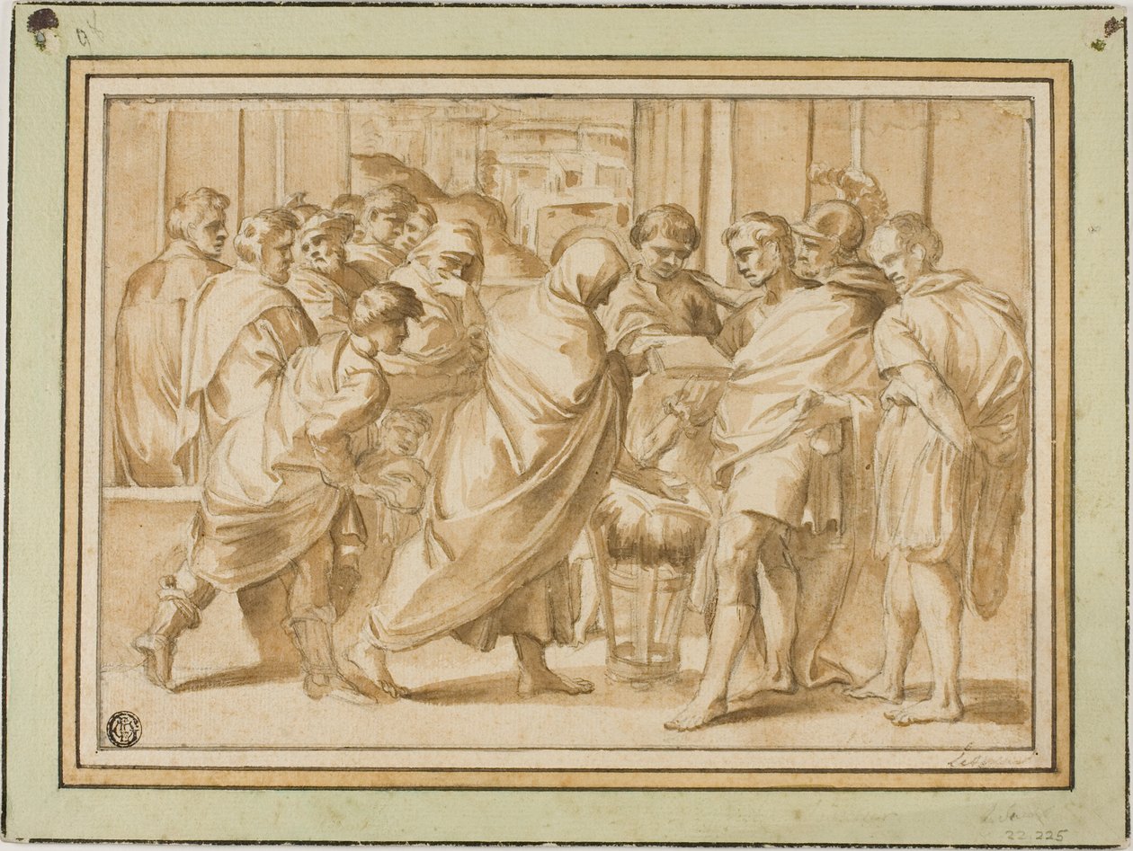 Kohtaus Rooman historiasta, verhottu hahmo esittelee kirjaa hallitsijalle tekijältä Eustache Le Sueur