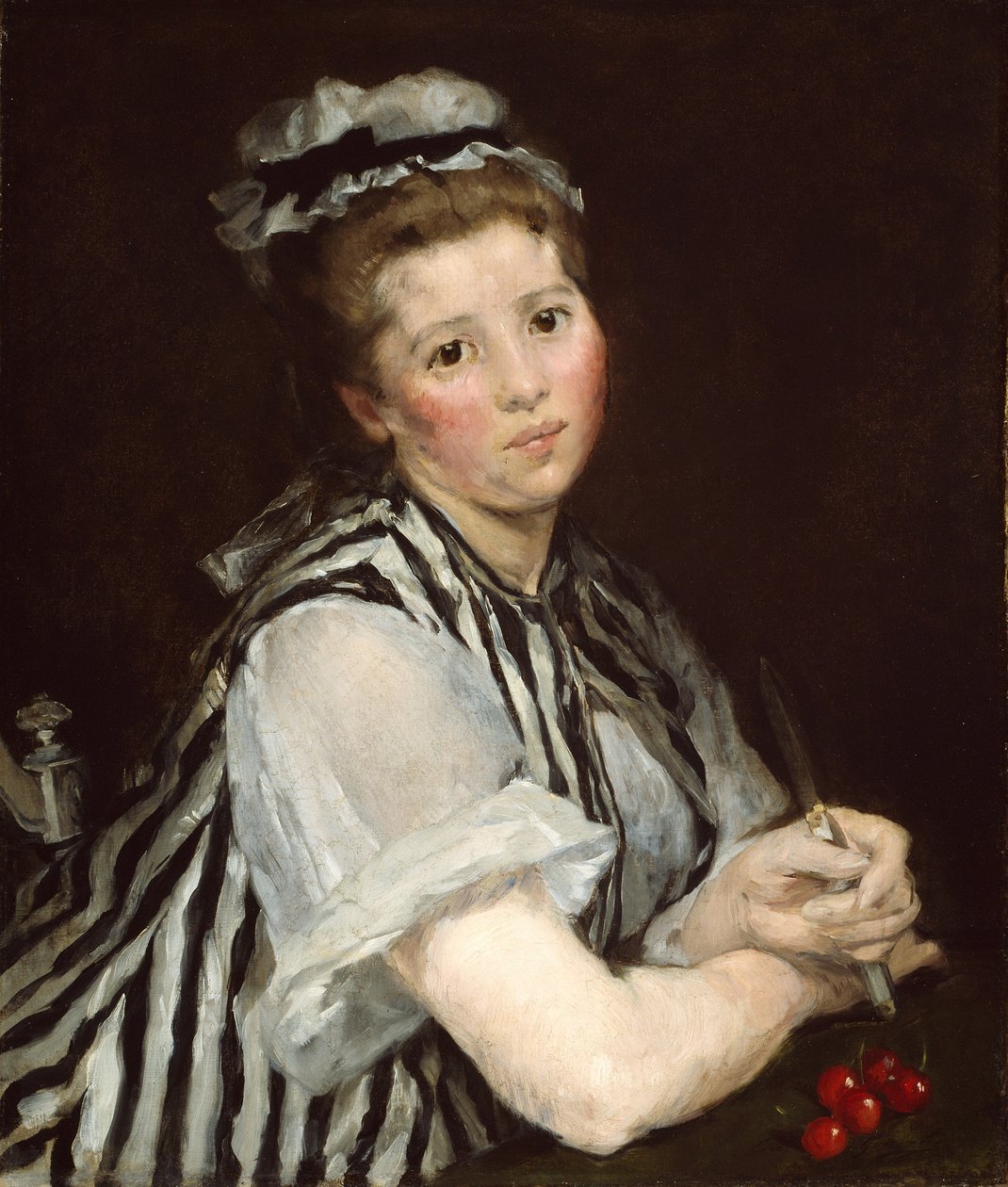 Tyttö kirsikoilla, n. 1870 (öljy kankaalle) tekijältä Eva Gonzalès