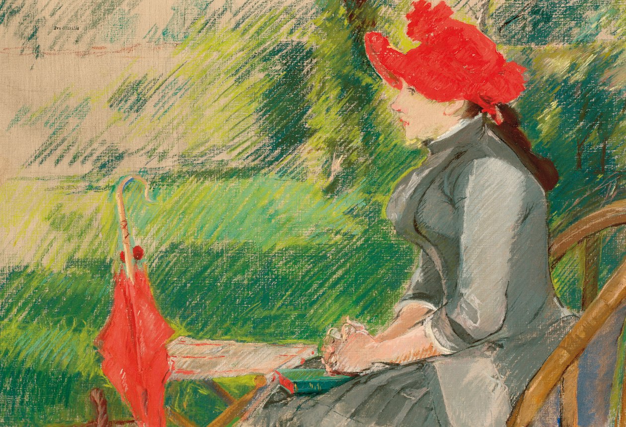 Lukeminen puutarhassa; tai Woman in Red Hat, c. 1880-1882 tekijältä Eva Gonzalès