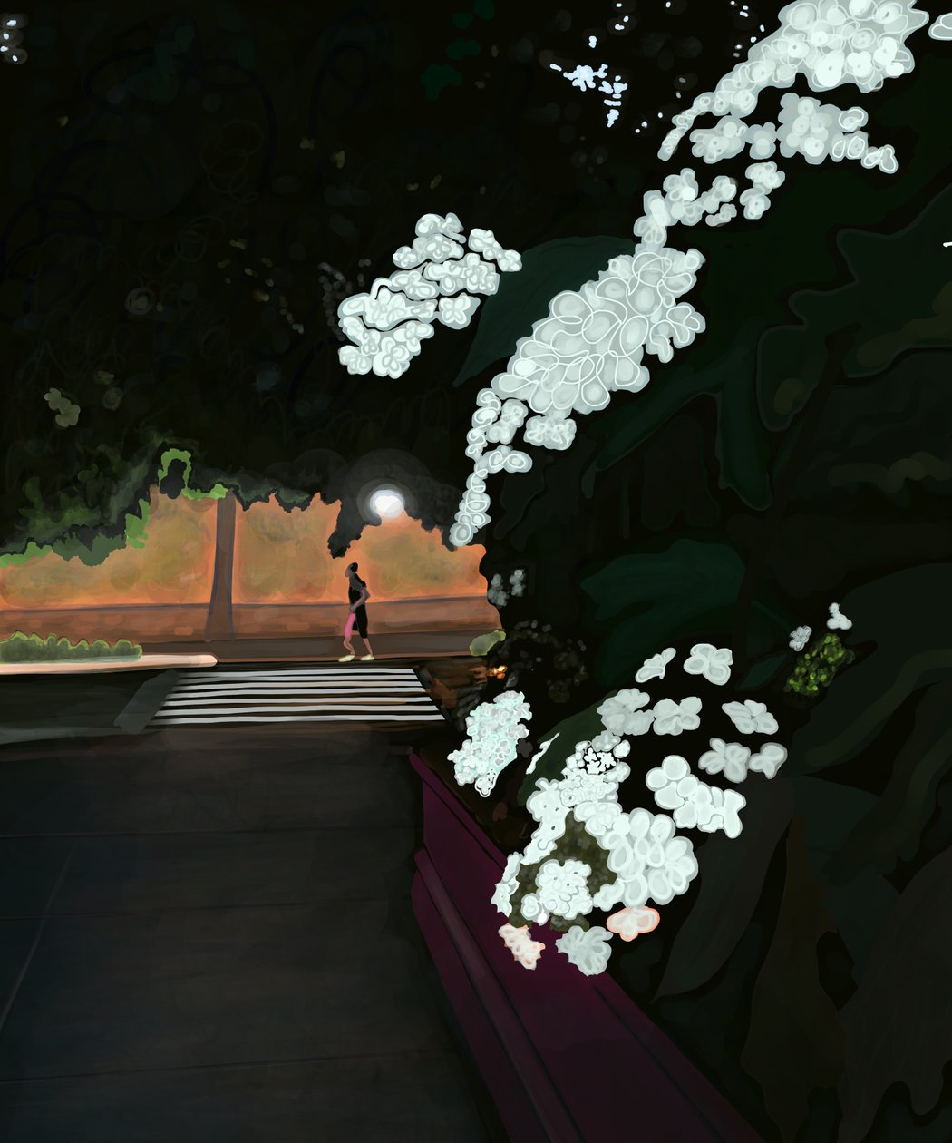 Kuudelta aamulla. Sateinen aamu ja lenkkeilijä. Prospect park west (digitaalista taidetta) tekijältä Evan Sklar