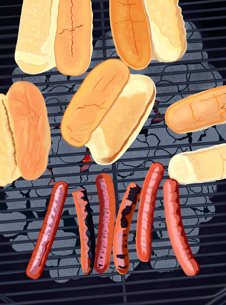 6 hot dogia grillissä, South Side of Streef (digitaalista taidetta) tekijältä Evan Sklar