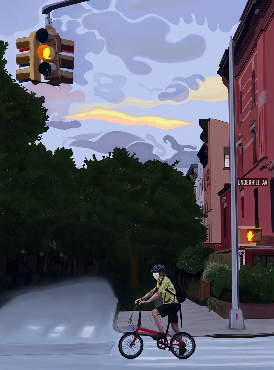 Pyöräilijä Underhill Avenuella, Brooklyn (digitaalista taidetta) tekijältä Evan Sklar