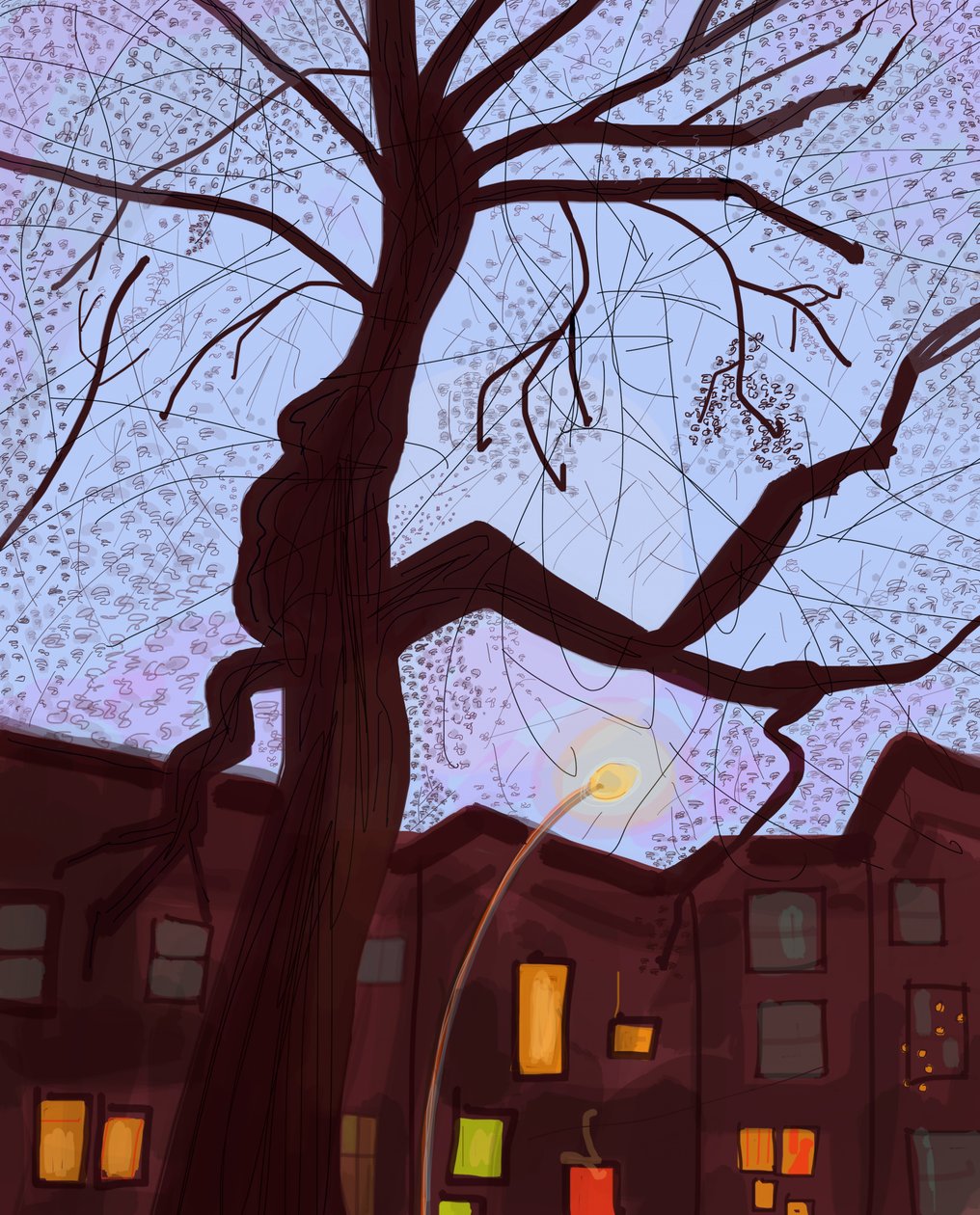 Brooklyn Brownstone Street At Dusk, 2016 (käsin piirretty iPadilla Apple-kynällä). tekijältä Evan Sklar