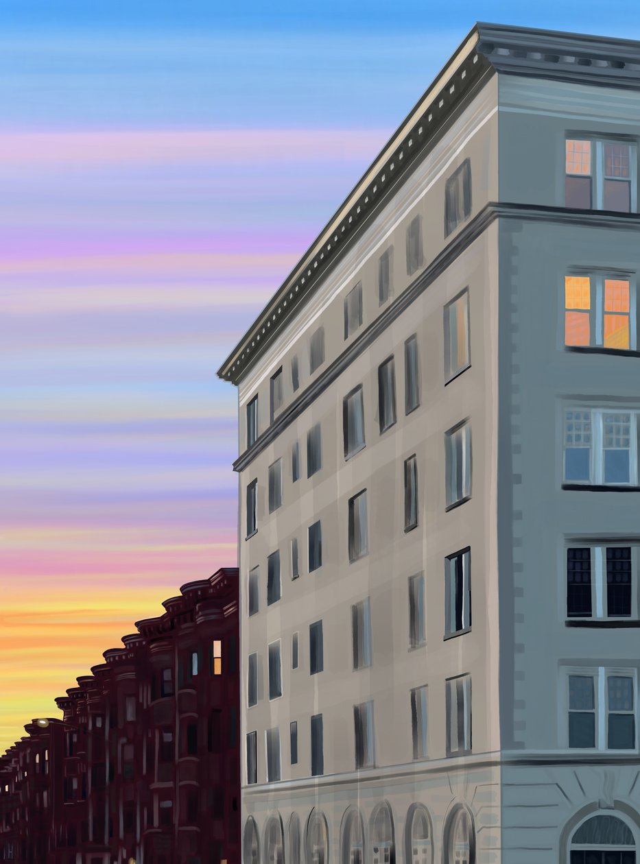Eigth Streetin ja Prospect Park Westin kulma (digitaalista taidetta). tekijältä Evan Sklar