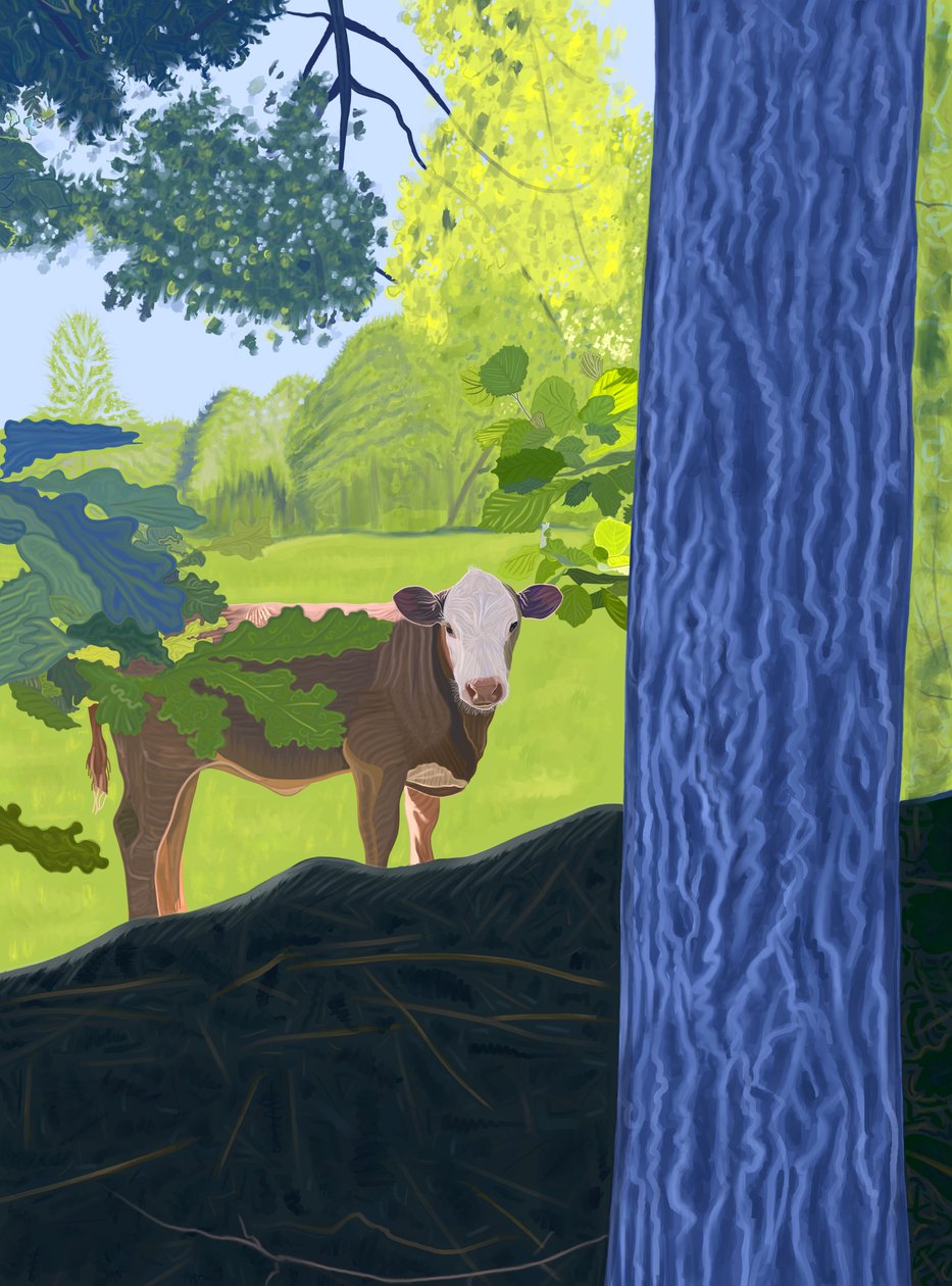 Lehmä pellolla, 2025 (digitaalista taidetta) tekijältä Evan Sklar