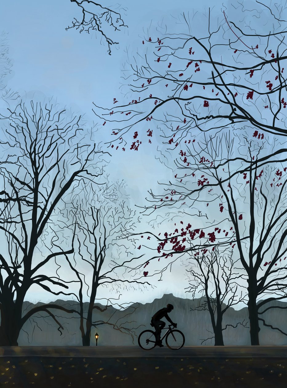 Pyöräilijä, aamu, Prospect Park (digitaalista taidetta) tekijältä Evan Sklar