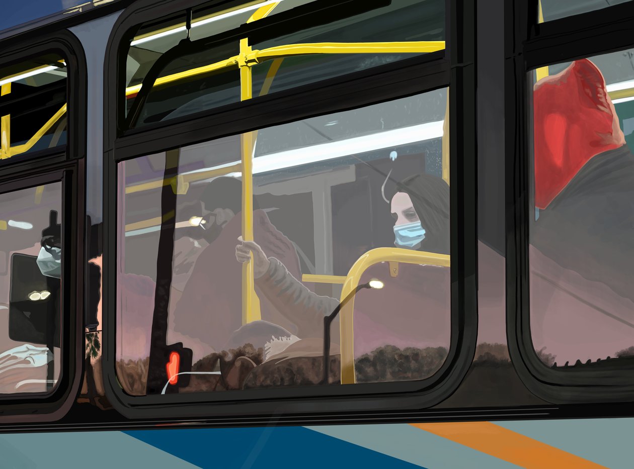 Early Morning Commuters on Bus, Brooklyn (digitaalista taidetta) tekijältä Evan Sklar