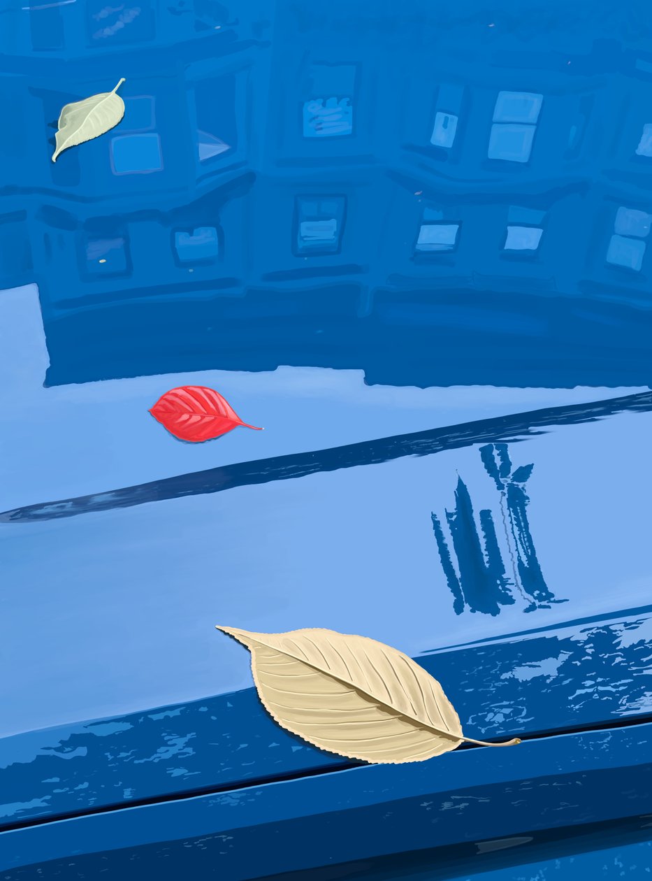 Pudonneet lehdet sinisellä autolla, Brooklyn (digitaalista taidetta) tekijältä Evan Sklar