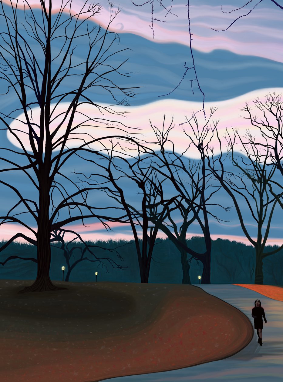 Mies harjoittelee Prospect Parkissa auringonnousun aikaan Twilight (digitaalista taidetta).(digital art) tekijältä Evan Sklar