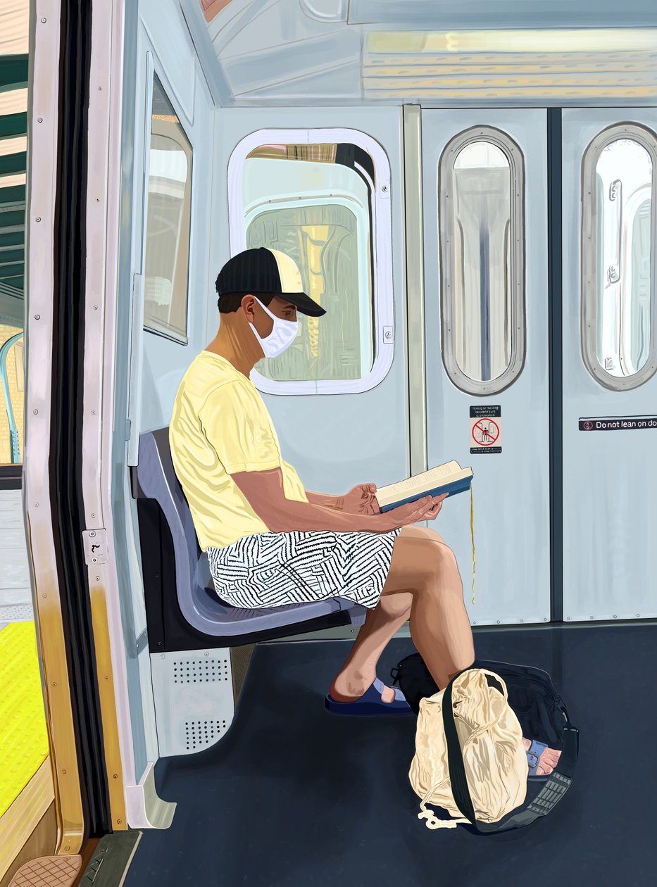 Mies riisutuissa shortseissa lukemassa kirjaa metrossa, n.2020-24 (digitaalista taidetta) tekijältä Evan Sklar