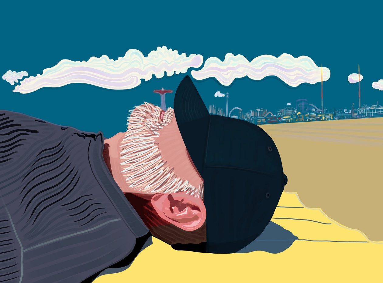 Mies, jolla on parta Coney Islandin rannalla (digitaalista taidetta) tekijältä Evan Sklar