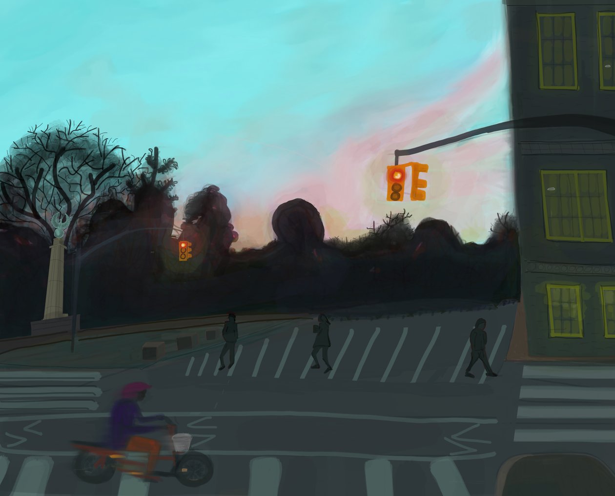 Oranssi skootteri, Grand Army Plaza, Brooklyn, 2016 (käsin piirretty iPadilla ja Apple-kynällä). tekijältä Evan Sklar