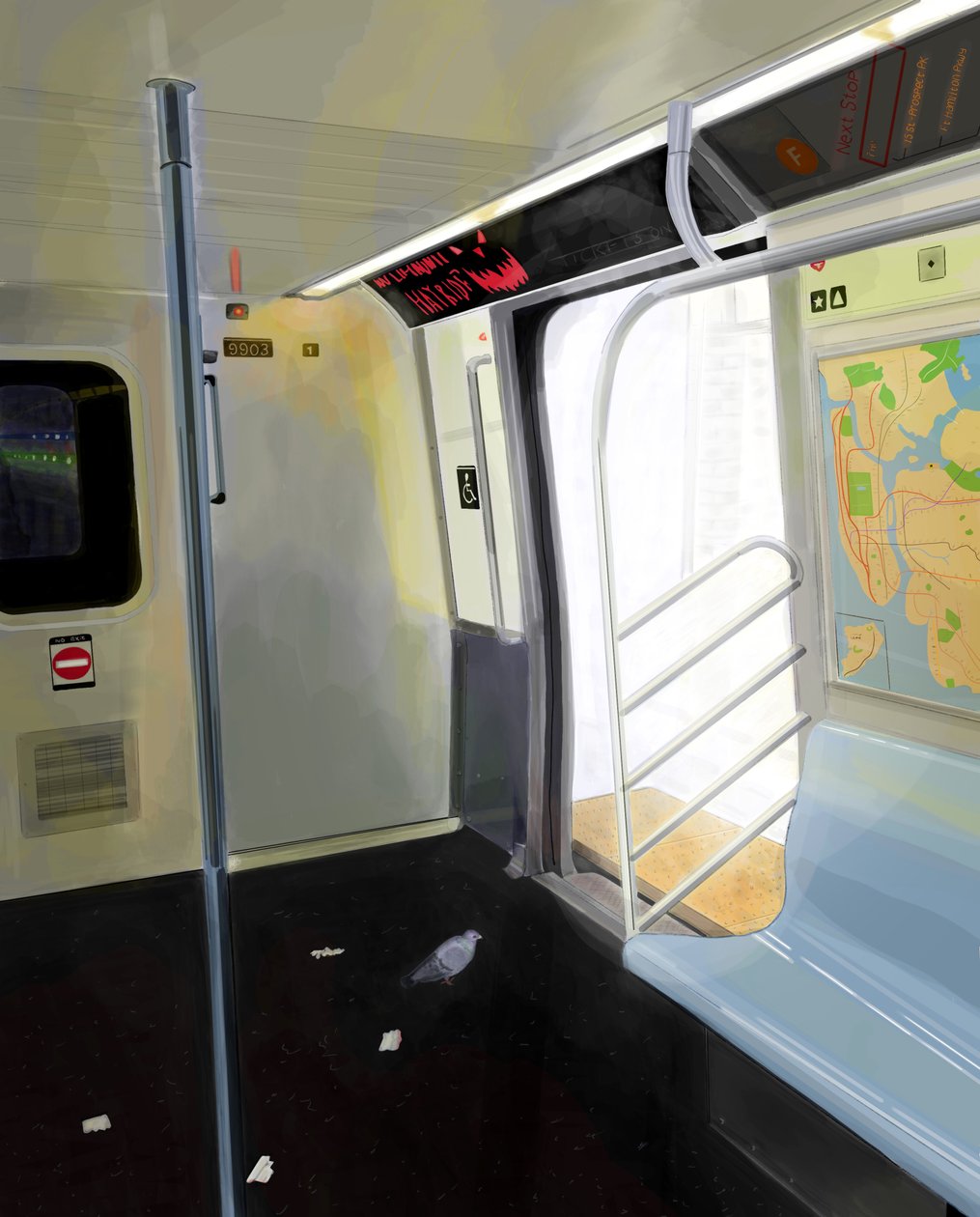 Kyyhkynen metrossa (digitaalista taidetta) tekijältä Evan Sklar