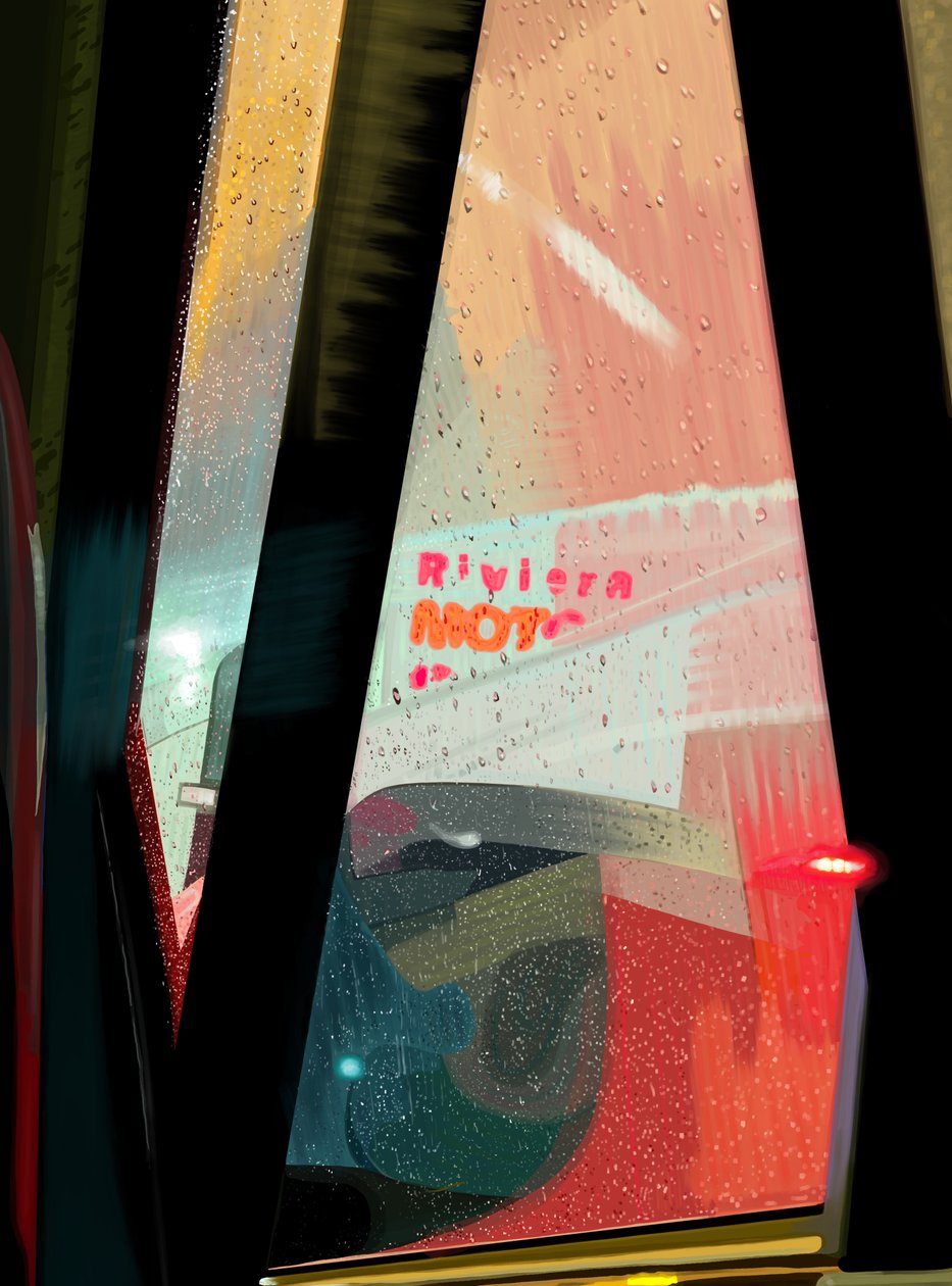 Rivera Motel kyltti autosta sateisena yönä (digitaalista taidetta) tekijältä Evan Sklar