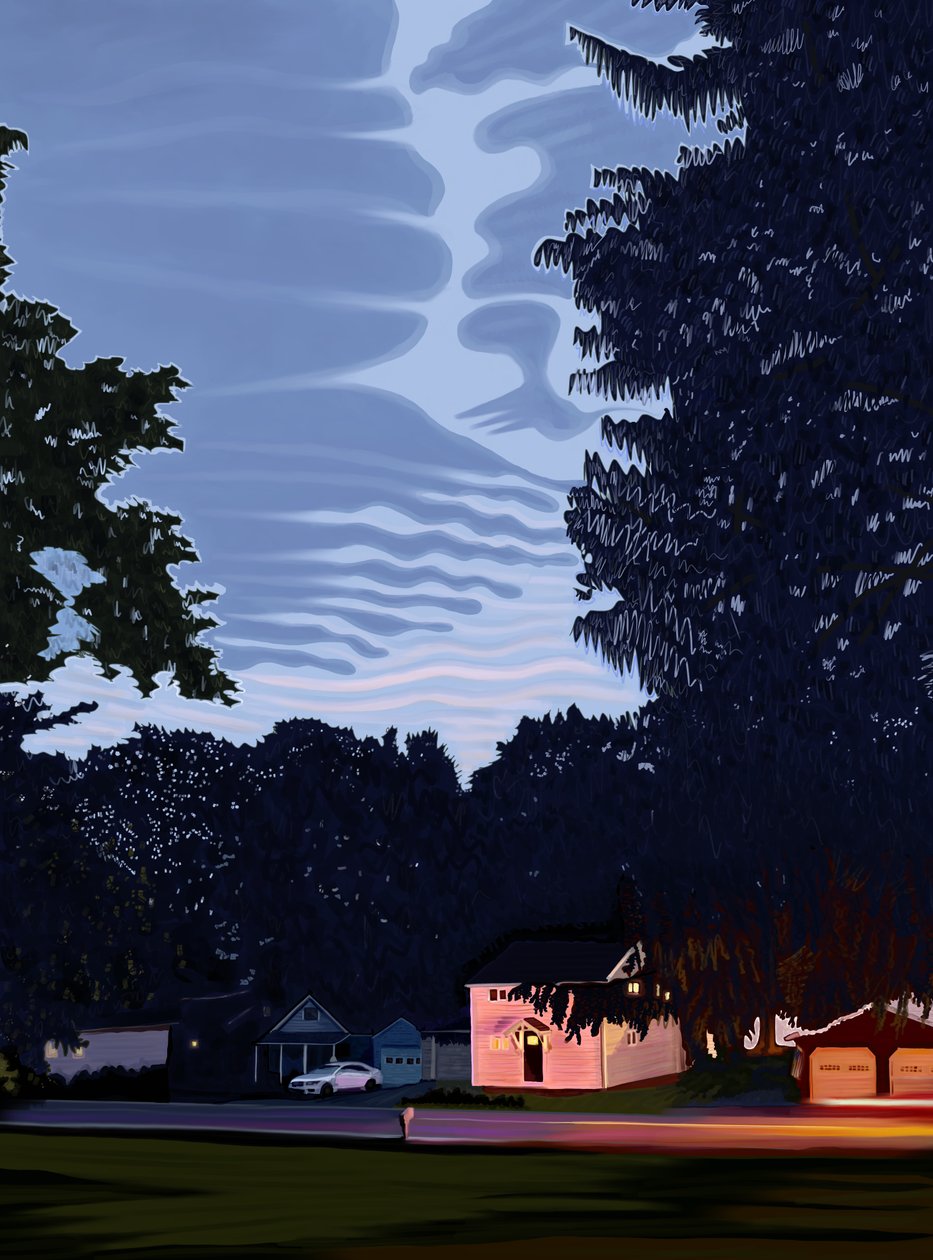 Steet ja talot suurten puiden Hamilton, New York Dusk (digitaalista taidetta) (digitaalista taidetta) tekijältä Evan Sklar