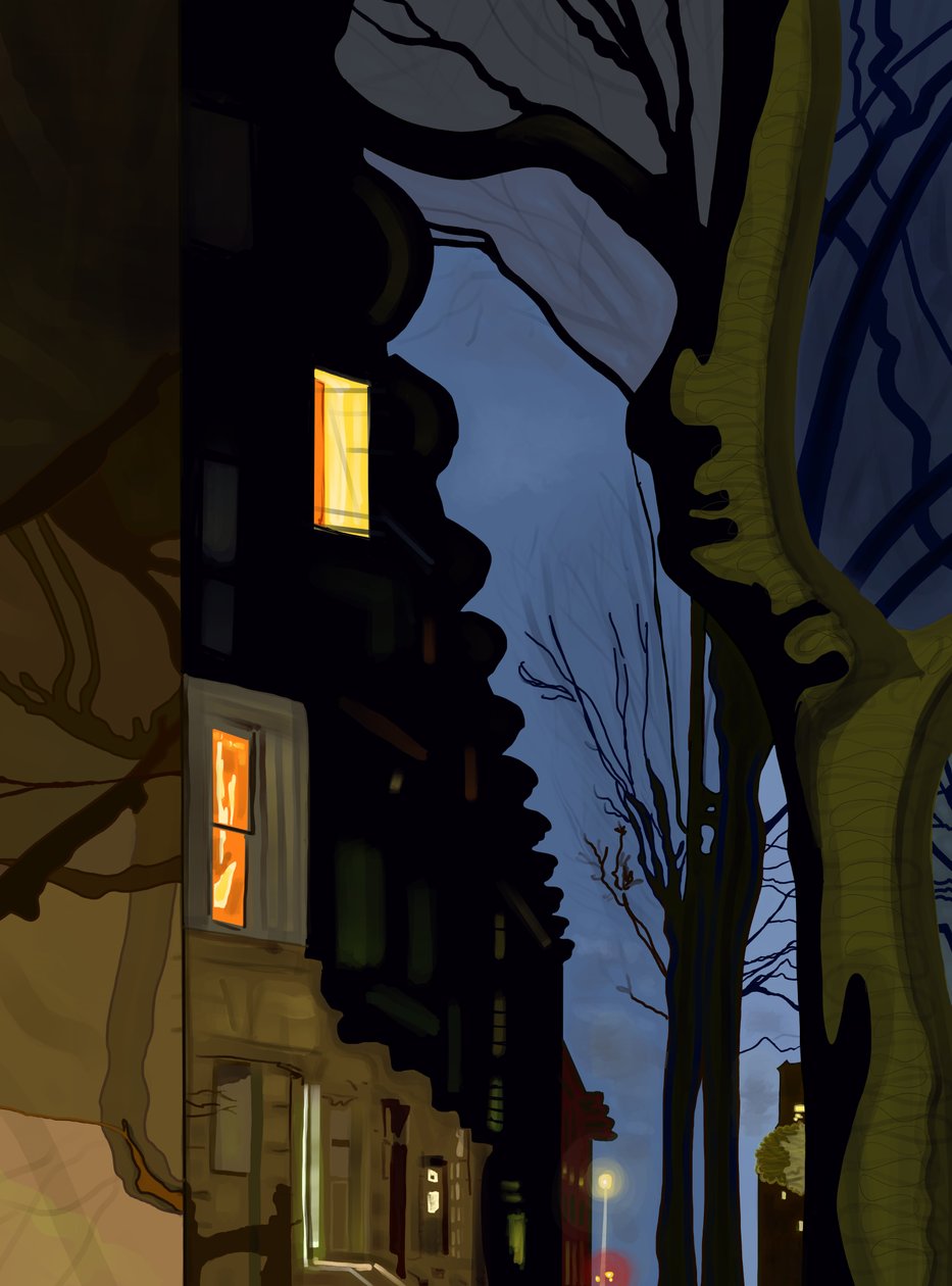 Street and Building Tops at Night (digitaalista taidetta) tekijältä Evan Sklar