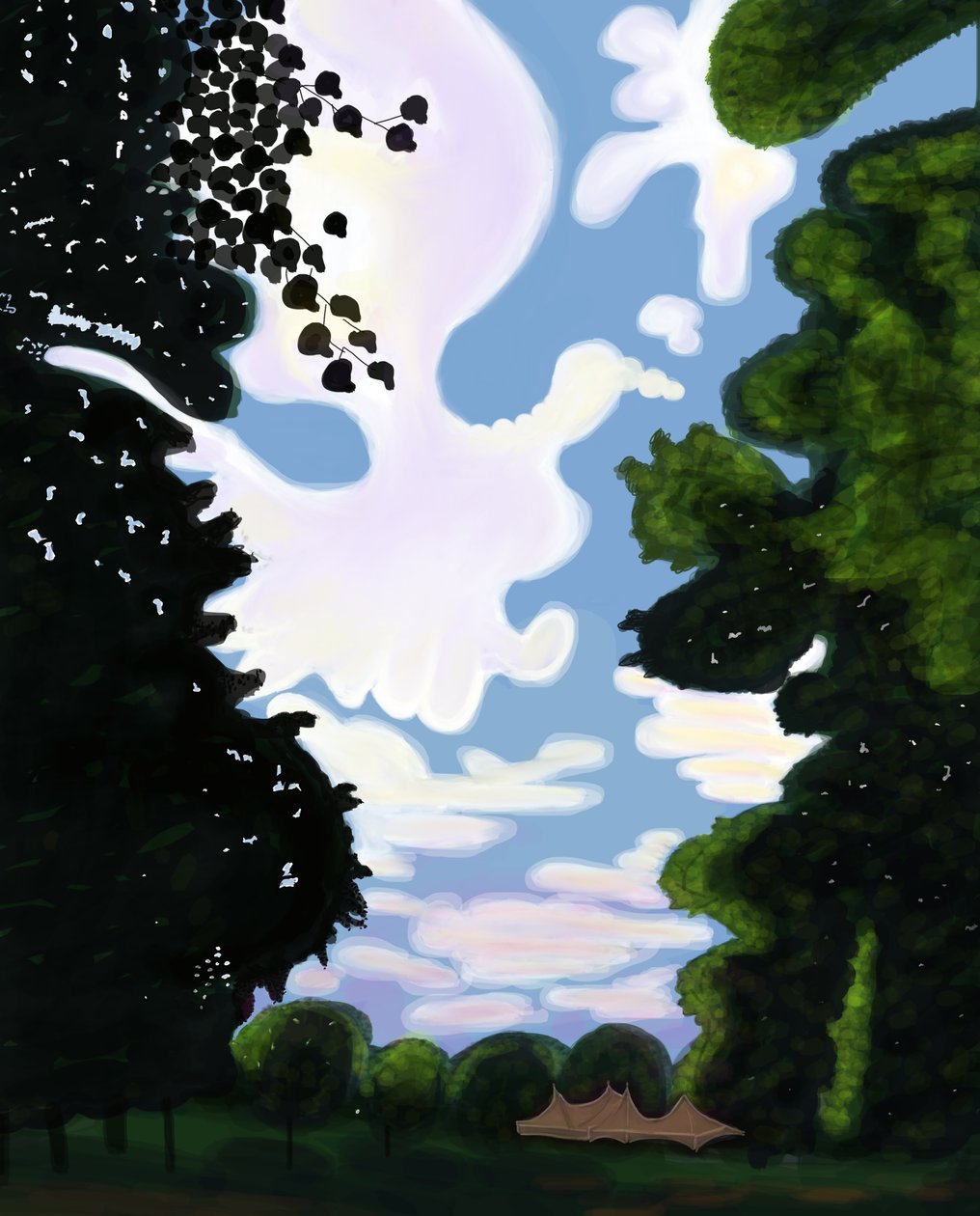 Teltta ja taivas, Prospect Park 2018 (käsin piirretty iPadilla ja Apple-kynällä). tekijältä Evan Sklar