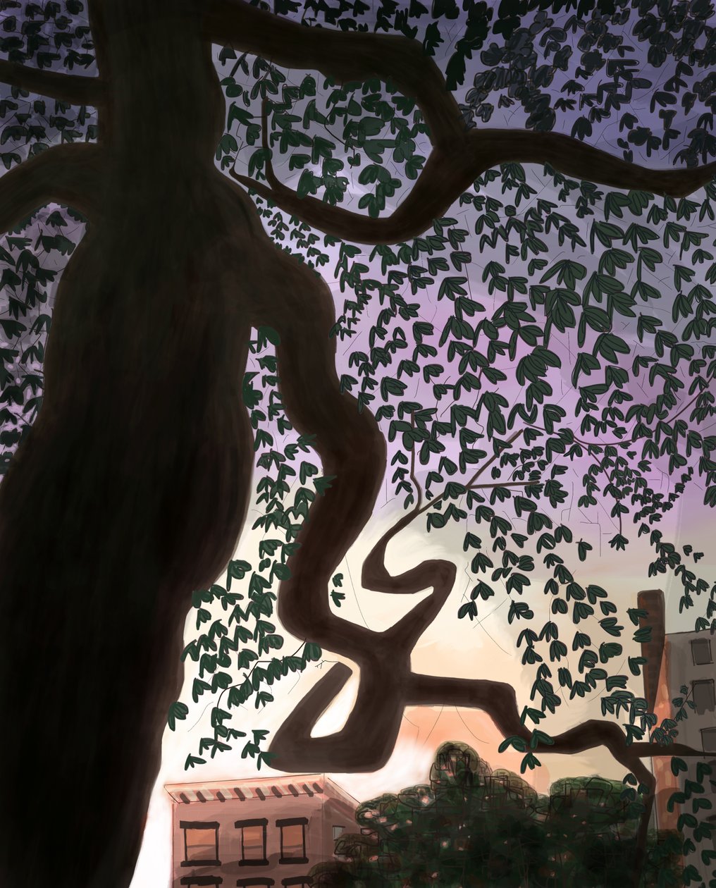 Tree and Avenue At Dusk, 2016 (käsin piirretty iPadilla Apple-kynällä). tekijältä Evan Sklar