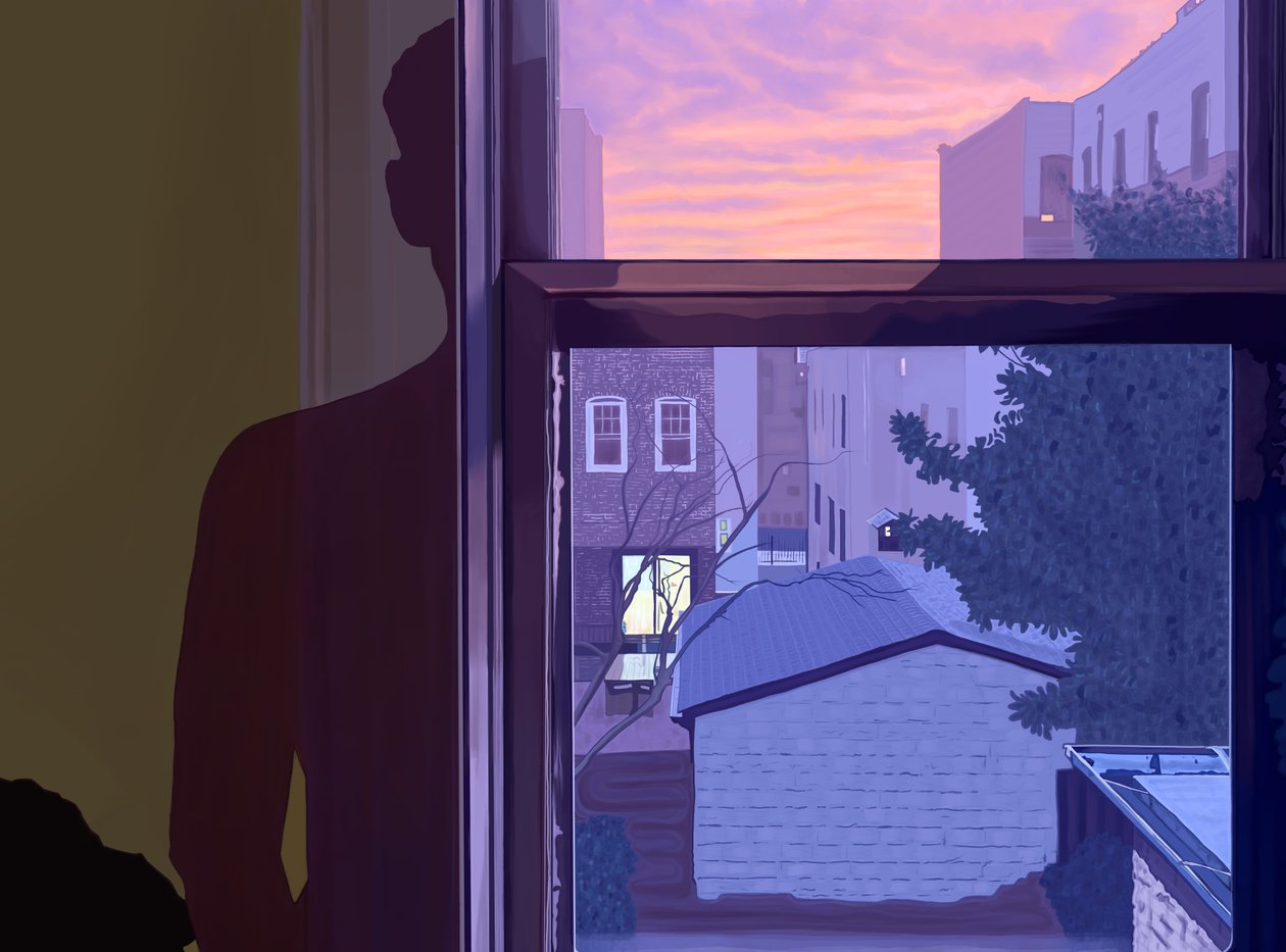 Ikkuna ja varjoni seinällä auringonlaskun aikaan (digitaalista taidetta) tekijältä Evan Sklar