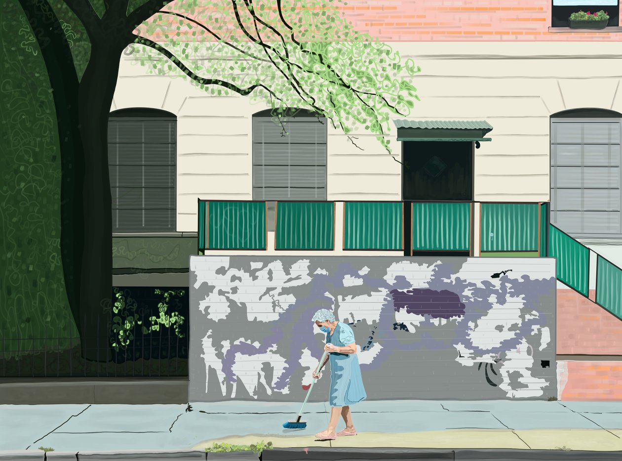Nainen lakaisee jalkakäytävää, Brooklyn (digitaalista taidetta) tekijältä Evan Sklar