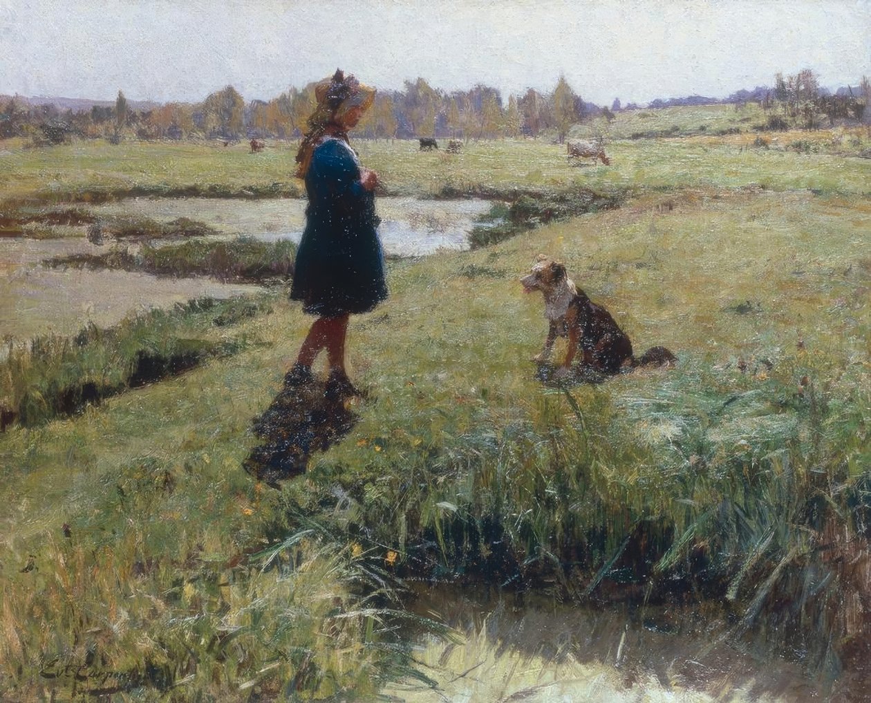 Jeune fille et son chien dans la Prairie tekijältä Evariste Carpentier