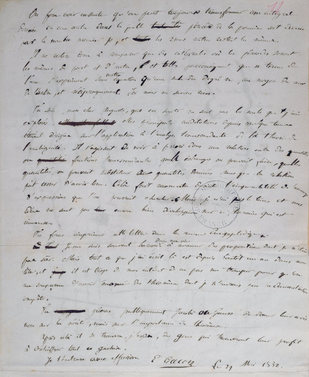 Ms 2108 fol.11r kirje Galloisilta Auguste Chevalierille, 29. toukokuuta 1832 tekijältä Evariste Gallois