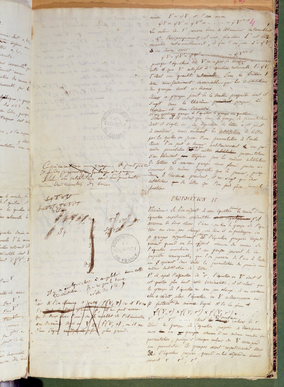 Ms 2108 f.4 Kirjoituksia yhtälön ratkaisemisen edellytyksistä radikaalien avulla, 1832 (ks. myös 163744). tekijältä Evariste Galois