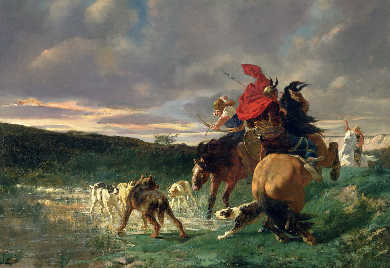 Merovingit hyökkäämässä villi koiraa vastaan tekijältä Evariste Vital Luminais