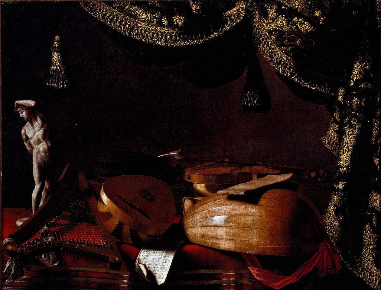 Asetelma soittimilla Evarista Baschenisin (1617-1677) maalaus 1600-luvulla. Bergamo, Accademia Carrara, Italia tekijältä Evaristo Baschenis