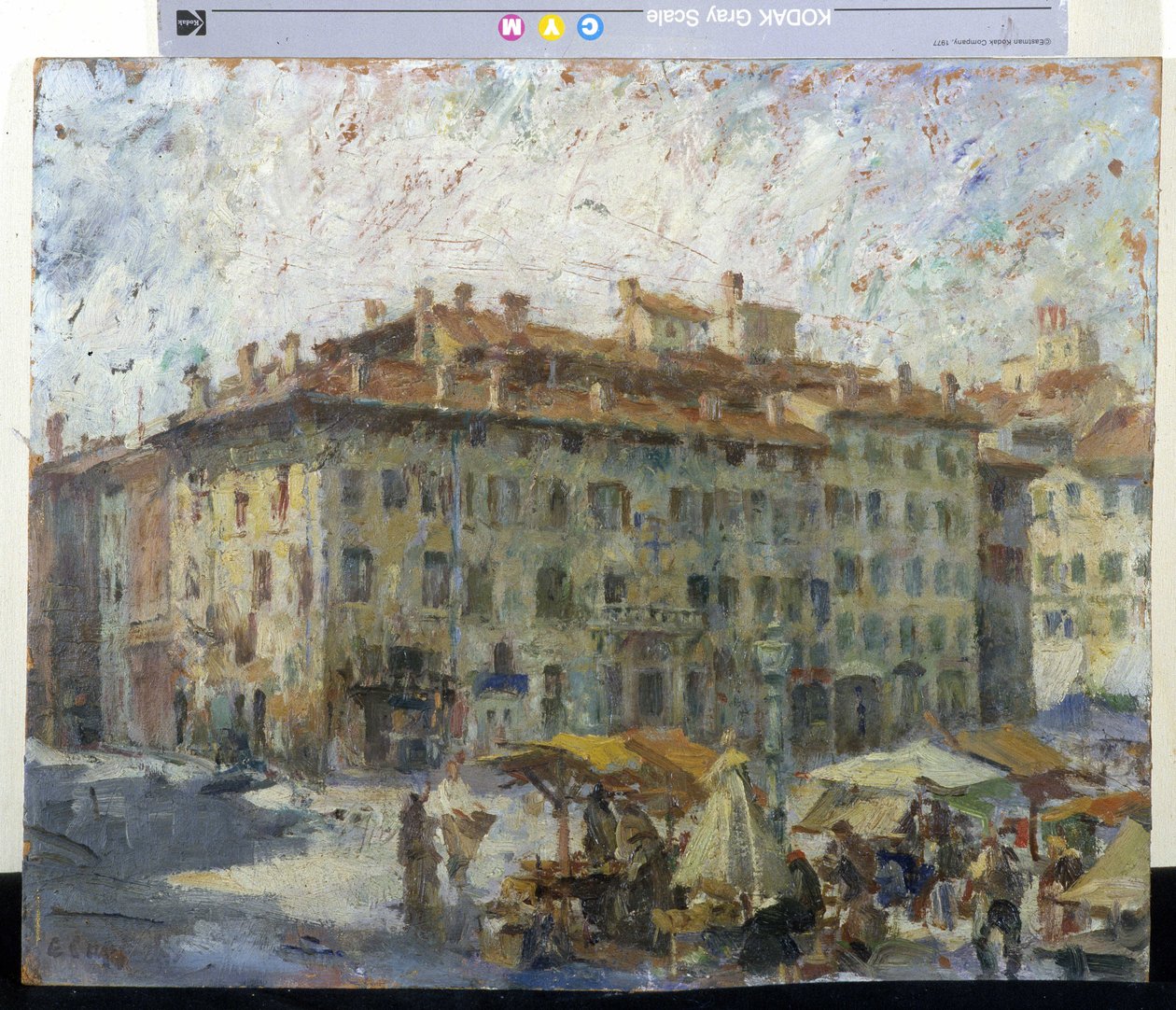 Markkinat Piazza Grandella Modenassa (maaliskuussa Piazza Grandella Modenessa) (öljy kankaalle) tekijältä Evaristo Cappelli