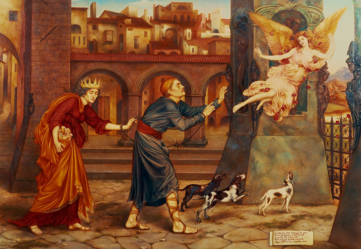 Sokeus ja amor jahtaavat iloa kaupungista, 1897 tekijältä Evelyn De Morgan