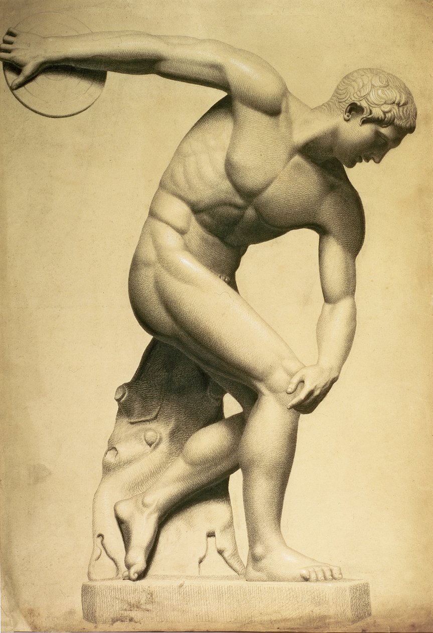 Kiekonheittäjä, piirros klassisesta veistoksesta, n. 1874 (lyijykynä, värikynä paperille) tekijältä Evelyn De Morgan