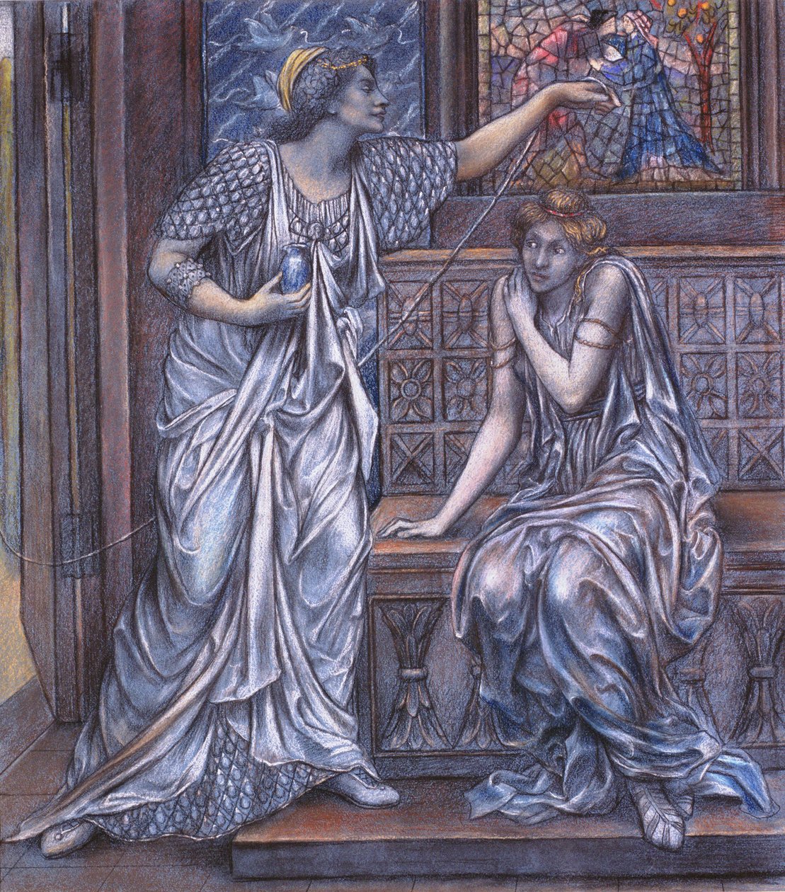 Valmis luonnos kuningatar Eleanor ja kaunotar Rosamund, n.1900-5 (liitu) (ks. 27988). tekijältä Evelyn De Morgan