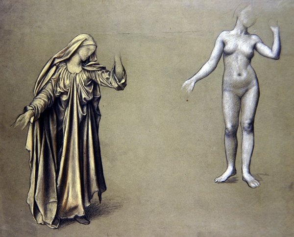 Draped figuuritutkimus mukana tulevan alaston kanssa (värilliset liidut paperilla) tekijältä Evelyn De Morgan