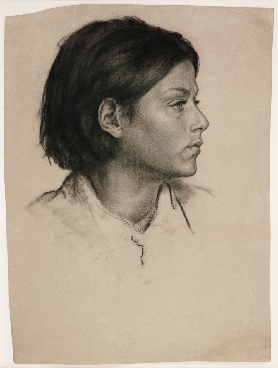 Naisen pää, noin 1875 (hiili paperille). tekijältä Evelyn De Morgan