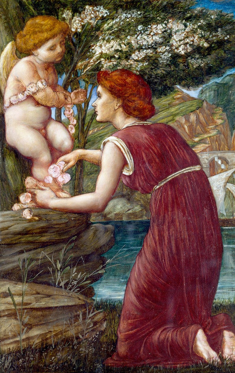 "Amorin kultti" Nuori nainen pitelee rakkauden jumalan patsasta. Maalaus: Evelyn De Morgan (1855-1919) (prerafaeliitti) Yksityiskokoelma. tekijältä Evelyn De Morgan
