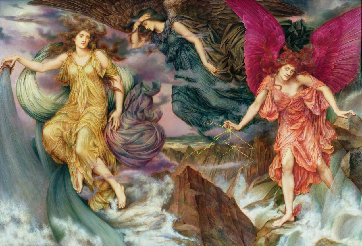 Les esprits de la tempete - Myrskyhenget, kirjoittanut De Morgan, Evelyn (1855-1919). Öljy kankaalle, c. 1900. Watts Gallery tekijältä Evelyn De Morgan