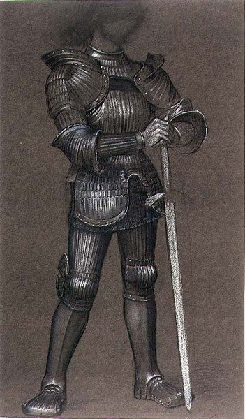Study of Armour for "Life and Thought Have Gone Away", n. 1893 (mustavalkoinen liitu sävytetylle paperille) tekijältä Evelyn De Morgan