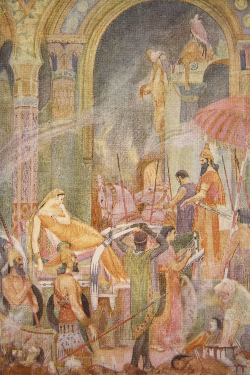 Tiglath-Pileser II:n vangitsema Sarrapanu, kuvitus Lewis Spencen teoksesta "Myths and Legends of Babylonia and Assyria" tekijältä Evelyn Paul