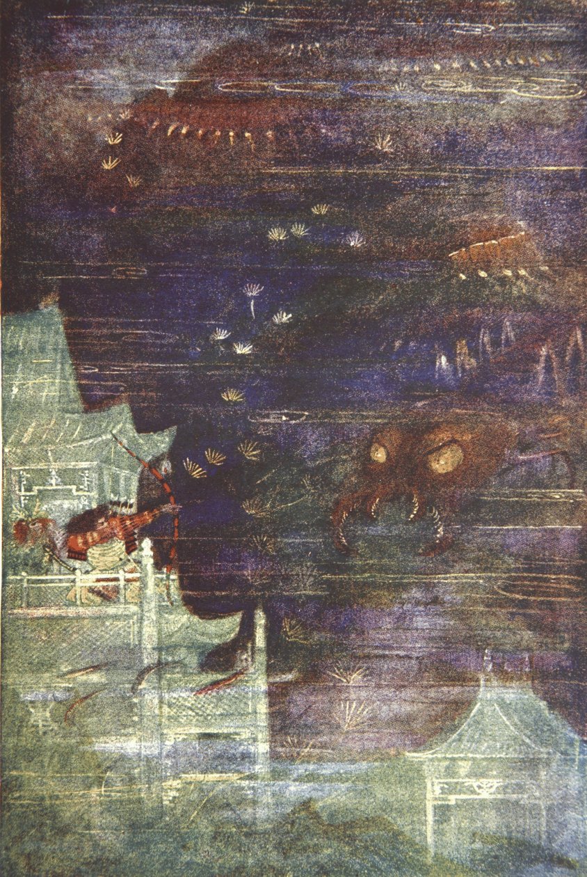 Hidesato ja tuhatjalkainen, kuvitus F Hadland Davisin teoksesta "The Myths and Legends of Japan" tekijältä Evelyn Paul