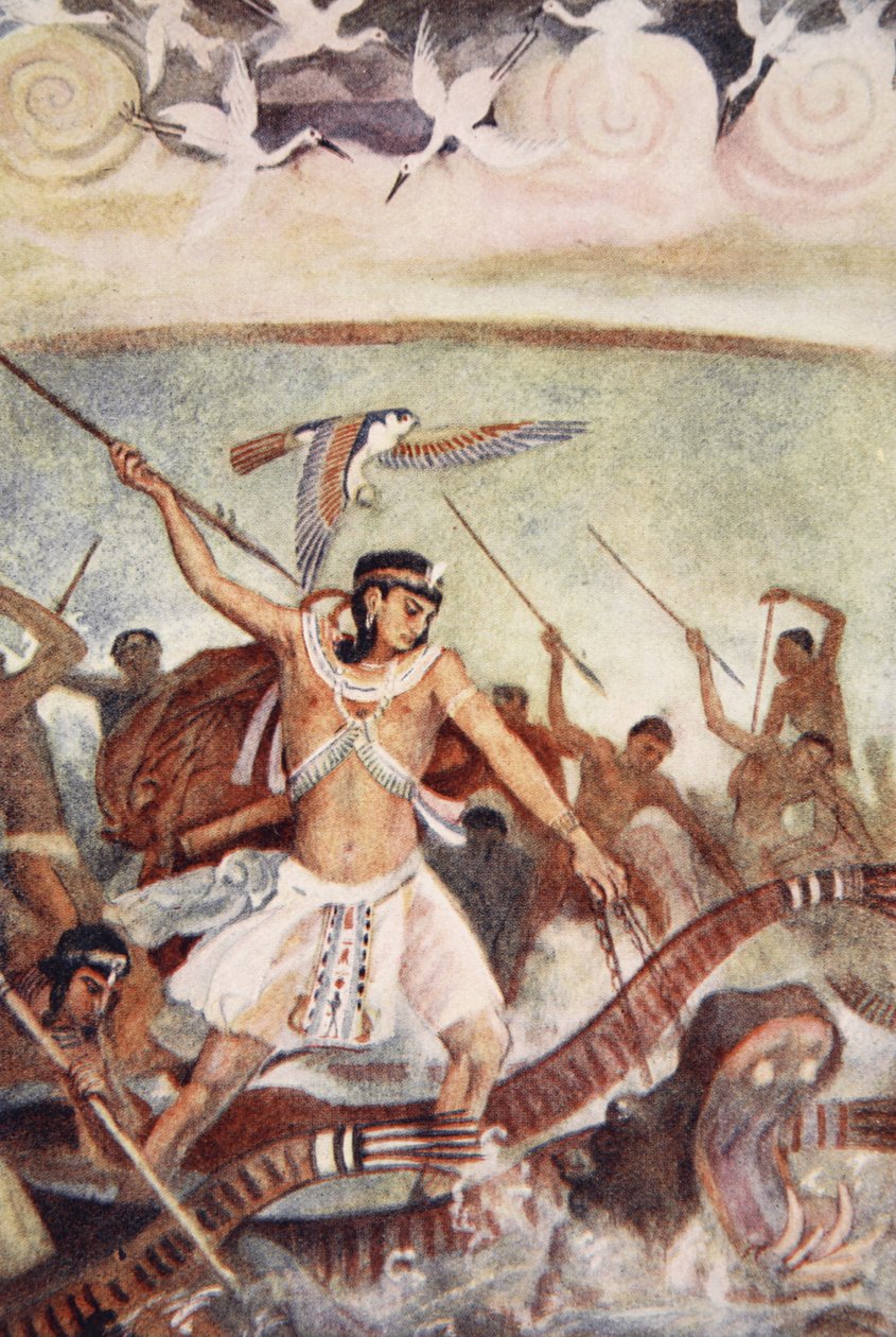 Horus taistelussa, kuvitus Lewis Spencen teoksesta Muinaisen Egyptin myytit tekijältä Evelyn Paul