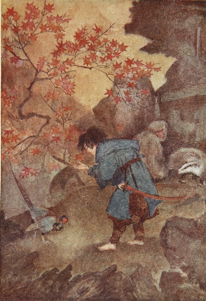 Momotaro ja fasaani, kuvitus F Hadland Davisin teoksesta "Japanin myytit ja legendat" tekijältä Evelyn Paul