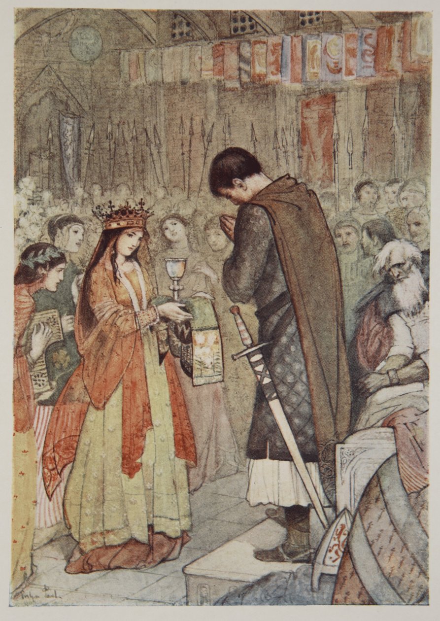 Parzival rukoilee opastusta H.A.:n teoksesta "Myths and Legends of the Middle Ages" Guerber tekijältä Evelyn Paul