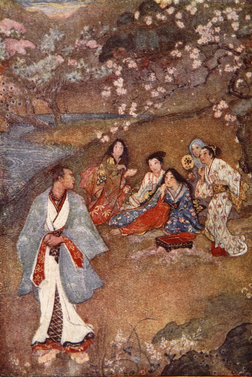 Shingle ja Yoshizawa violetilla kaivolla, kuvitus F. Hadland Davisin teoksesta "Japanin myytit ja legendat" tekijältä Evelyn Paul