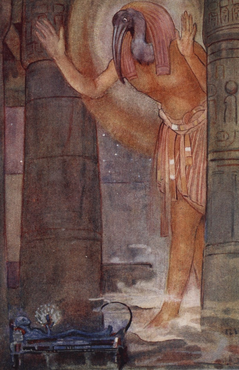 Thoth ja päätaikuri, kuvitus Amy Crusen teoksesta The Book of Myths tekijältä Evelyn Paul