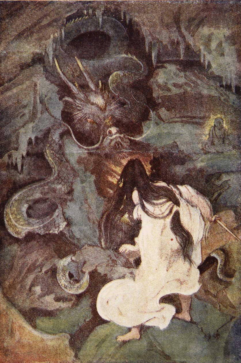 Tokoyo ja merikäärme, kuvitus F. Hadland Davisin teoksesta "Japanin myytit ja legendat" tekijältä Evelyn Paul